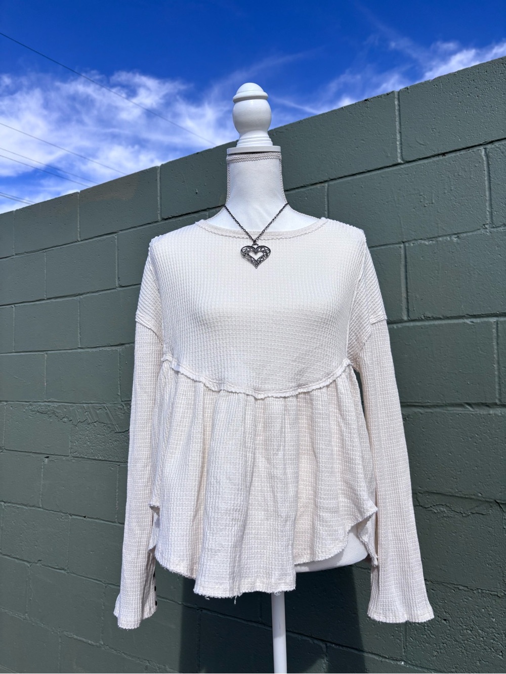We the Free - Women's Cream Waffle Knit Peplum Long Sleeve Top